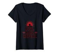 Womens Rise Raid Repeat Viking Coffee Lover Norse Morning Routine V-Neck T-Shirt