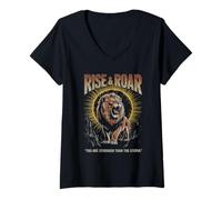 Womens Rise Roar Lion Strength Storm Power Resilience Quote V-Neck T-Shirt