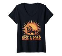 Womens Rise & Roar Lion Sunrise Graphic Powerful Motivation V-Neck T-Shirt