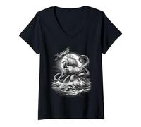 Womens Rising from The Abyss - Classic Sea Monster Engraving V-Neck T-Shirt