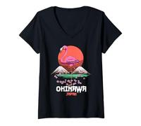 Womens Rising Sun Flamingo Cherry Blossom Sakura Okinawa Japan V-Neck T-Shirt