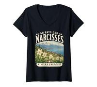 Women's Riviera Vaudoise Wild Narcissus Swiss Alps Art V-Neck T-Shirt