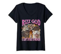 Womens Rizz God I Can't Speak To Women Funny Cat Meme Bootleg V-Neck T-Shirt