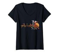 Womens RN ICU ER Thanksgiving Turkey Nurse Heartbeat V-Neck T-Shirt