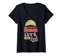 Women's Road Trip Bus Sunset Adventure Lets Get Lost Somewhere V-Neck T-Shirt
