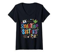 Women's Road Trip Sisters Doodle Travel Adventure V-Neck T-Shirt