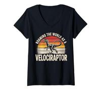 Womens Roaming The World As A Velociraptor Funny Dinosaur Lover V-Neck T-Shirt