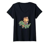 Women's Roar into Action with This Teddy Bear on Dinosaur Design V-Neck T-Shirt