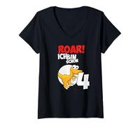 Women's Roar Velociraptor 4th Birthday Boy 4 Year V-Neck T-Shirt