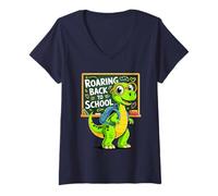 Womens Roaring Back to School Cute Dinosaur with Backpack Fun V-Neck T-Shirt