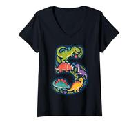 Womens Roaring into 5 Five Year Old Dinosaur Birthday 5th Fifth V-Neck T-Shirt