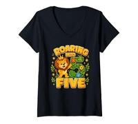 Women's Roaring Into Five Lion 5th Birthday 5 Years Old V-Neck T-Shirt
