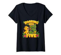 Women's Roaring Into Five Lion 5th Birthday Jungle 5 Years Old V-Neck T-Shirt