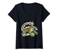 Women's Roaring Jaguar Shooting Star Leopard Crouching Wild Animal V-Neck T-Shirt