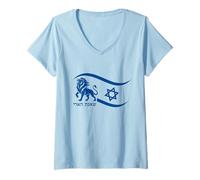 Women's Roaring Lion in Hebrew Israel Israeli Flag V-Neck T-Shirt