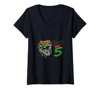 Women's Roaring T-Rex Dinosaur Turning Five Years Old 5th Birthday V-Neck T-Shirt