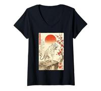 Womens Roaring Tiger Japanese Sumi-e Cherry Blossom Landscape Edo V-Neck T-Shirt