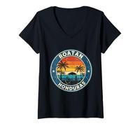 Women's Roatan Honduras Vintage Beach Sunset V-Neck T-Shirt