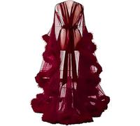 Women's Robe Fluffy Tulle Nightgown Robes Perspective Feather Robe Mesh lace Nightgown Long Wedding Nightgown Bridal bell Sleeve Robe With Belt,003,Standard