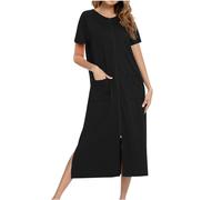 Womens Robes Dressing Gowns Stripes Zipper Three-Quarter Long Sleeve Bathrobe Pocket Nightwear Ladies Nightdresses Nightshirts Fall Winter Full Length Soft Cotton Duster Coat Loungewear Sleepwear