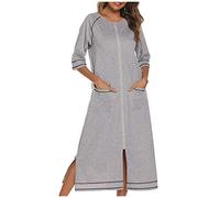 Womens Robes Dressing Gowns Stripes Zipper Three-Quarter Long Sleeve Bathrobe with Pocket Nightwear Sleepwear Ladies Nightdresses Nightshirts Full Length Soft Cotton Duster Coat Loungewear Fall Winter