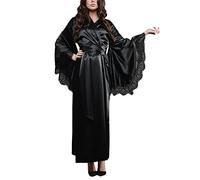Womens Robes Winter Warm Bathrobe Dressing Gown Satin Robe Long Bridesmaid Wedding Bath Robe With Lace Trim Women's Loungewear Nightwear Fluffy Tops (Black, XL)