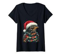 Women's Robin Bird with Snow Christmas Lights and Santa Hat Winter V-Neck T-Shirt