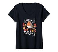 Womens Robin Fall Song Bird and Musical Notes Autumn Leaves V-Neck T-Shirt