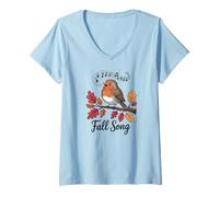 Womens Robin Fall Song Bird and Musical Notes Autumn Leaves V-Neck T-Shirt