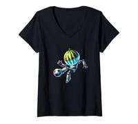 Womens Robot Watermelon Head Soccer Football Dribbling Kick V-Neck T-Shirt