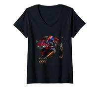 Womens Robotic Motorycle Panther in Red and Blue Battle Stance V-Neck T-Shirt