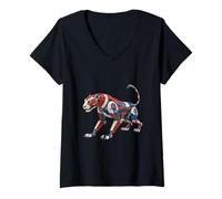Womens Robotic Panther Mech in Red White and Blue V-Neck T-Shirt