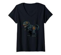 Womens Robotic T Rex Cartoon Mecha Dinosaur Design V-Neck T-Shirt