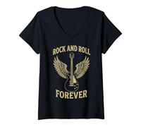 Women's Rock and Roll Forever Winged Electric Guitar Vintage V-Neck T-Shirt