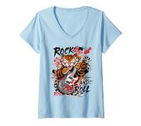 Womens Rock and Roll Guitar Classic Japanese Tiger Tattoo Irezumi V-Neck T-Shirt