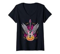 Women's Rock and Roll Guitar Vintage Rock Music V-Neck T-Shirt, Black, Small