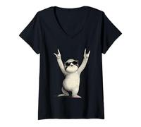 Womens Rock On Sloth Sunglasses Funny Vibes V-Neck T-Shirt