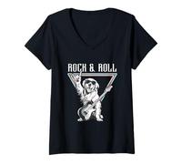 Womens Rock & Roll Cool Dog Guitar Lovers V-Neck T-Shirt