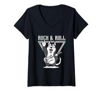 Womens Rock & Roll Guitar Playing Cool Dog V-Neck T-Shirt