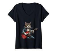 Womens Rock Star Cat Playing Guitar Rock and Folk Men Women Kids V-Neck T-Shirt