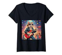 Womens Rock Star Cat Playing Guitar Rock and Roll Men Women Kids V-Neck T-Shirt