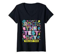 Women's Rock The Test Day Retro 80s 90s Teacher Student V-Neck T-Shirt
