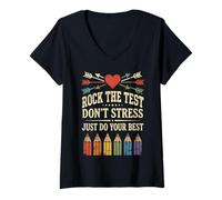 Women's Rock The Test Don't Stress Just Do Your Best Teacher Testing V-Neck T-Shirt