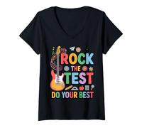 Women's Rock The Test Guitar Music Student Educator School Test Day V-Neck T-Shirt