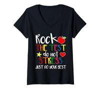 Womens Rock The Test Teacher Test Day Testing Day Funny Teacher V-Neck T-Shirt