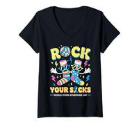 Women's Rock Your Socks Down Syndrome Awareness Day Retro 80s WDSD V-Neck T-Shirt