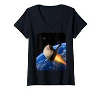 Women's Rocket Cat Blasting Off Above Earth Funny Kitten Design V-Neck T-Shirt