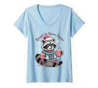 Womens Rockin Christmas Raccoon in Festive Sweater and Cocoa V-Neck T-Shirt