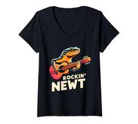 Women's Rockin' Newt Guitar Vibes Music Fun V-Neck T-Shirt