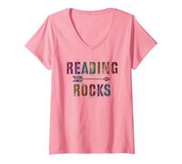 Women's Rockin' Reading Rocks Literacy Squad ESL Bookworm Crew V-Neck T-Shirt